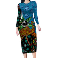 Fiji and Australia Long Sleeve Bodycon Dress Palm Tree and Abogirinal Emu LT03 Long Dress Blue - Polynesian Pride
