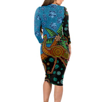 Fiji and Australia Long Sleeve Bodycon Dress Palm Tree and Abogirinal Emu LT03 - Polynesian Pride