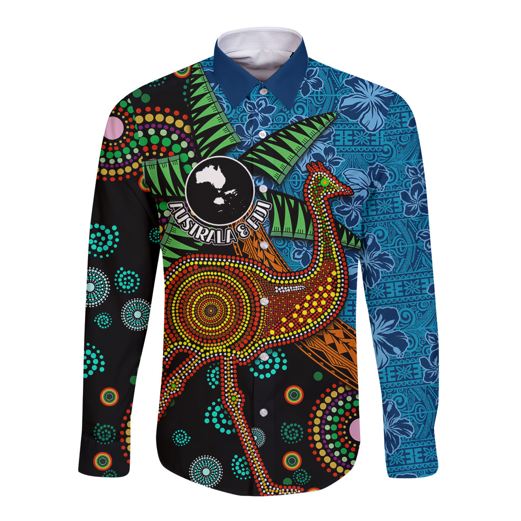 Fiji and Australia Long Sleeve Button Shirt Palm Tree and Abogirinal Emu LT03 Unisex Blue - Polynesian Pride