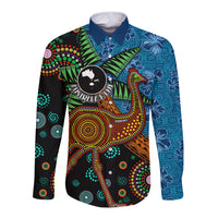 Fiji and Australia Long Sleeve Button Shirt Palm Tree and Abogirinal Emu LT03 Unisex Blue - Polynesian Pride