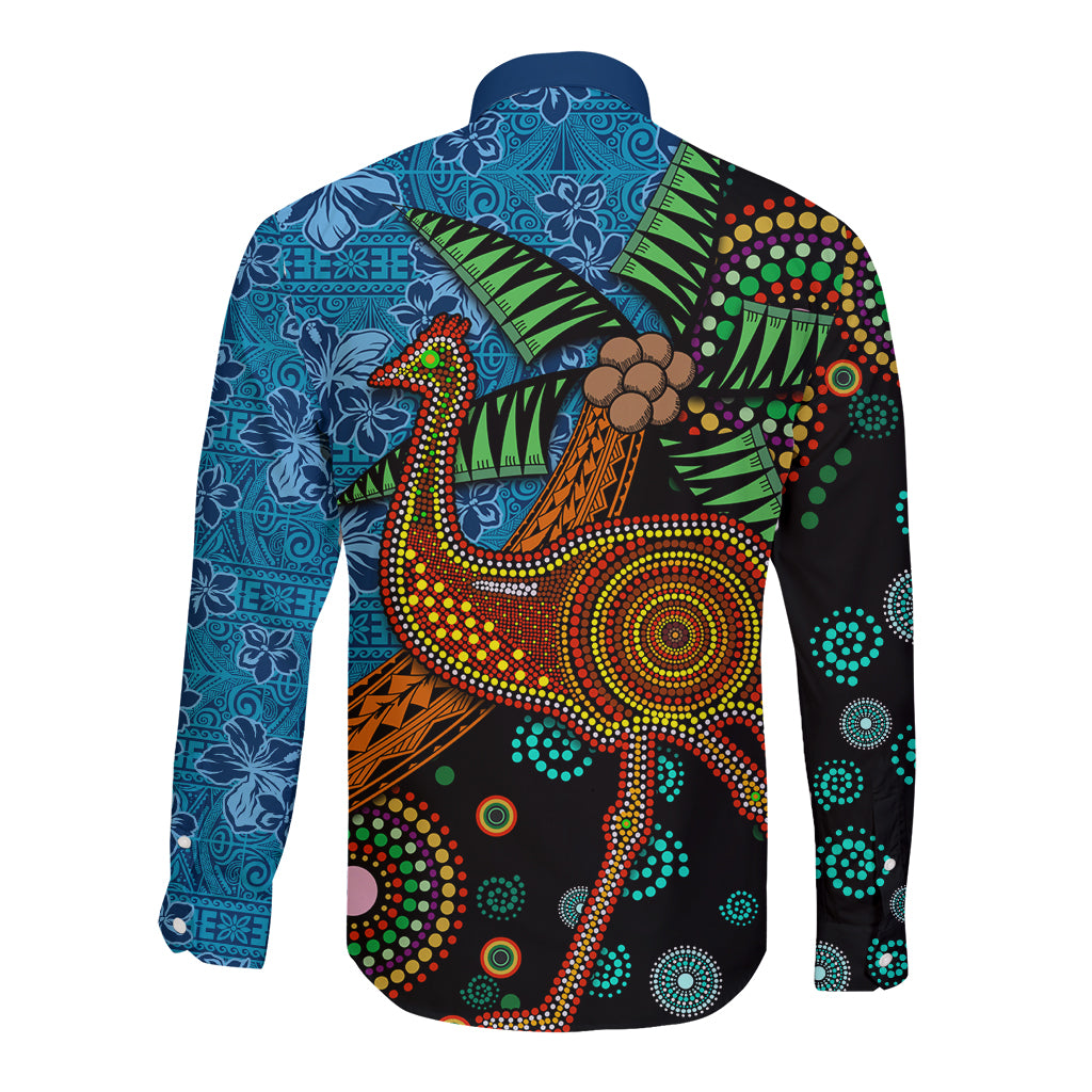 Fiji and Australia Long Sleeve Button Shirt Palm Tree and Abogirinal Emu LT03 - Polynesian Pride