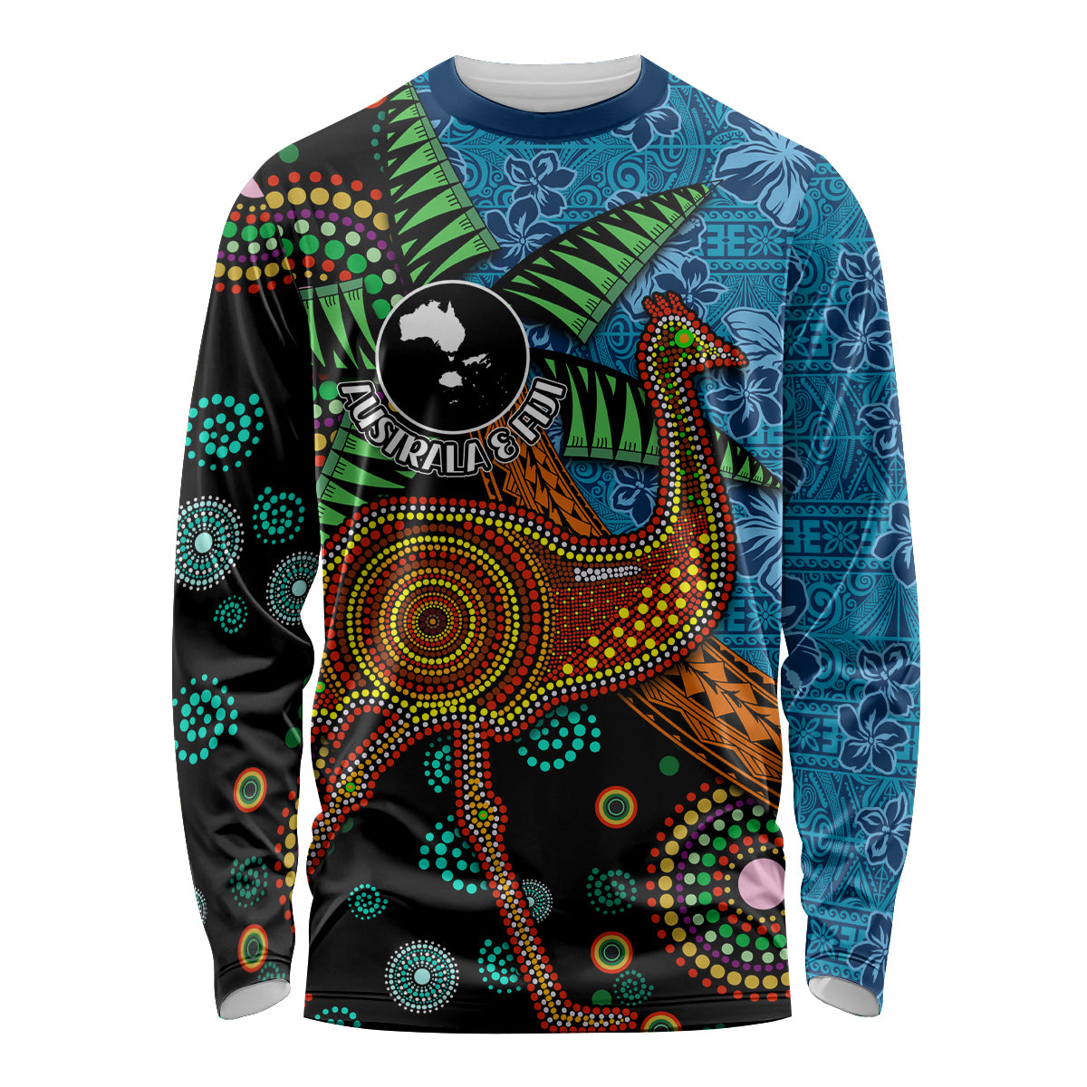 Fiji and Australia Long Sleeve Shirt Palm Tree and Abogirinal Emu LT03 Unisex Blue - Polynesian Pride