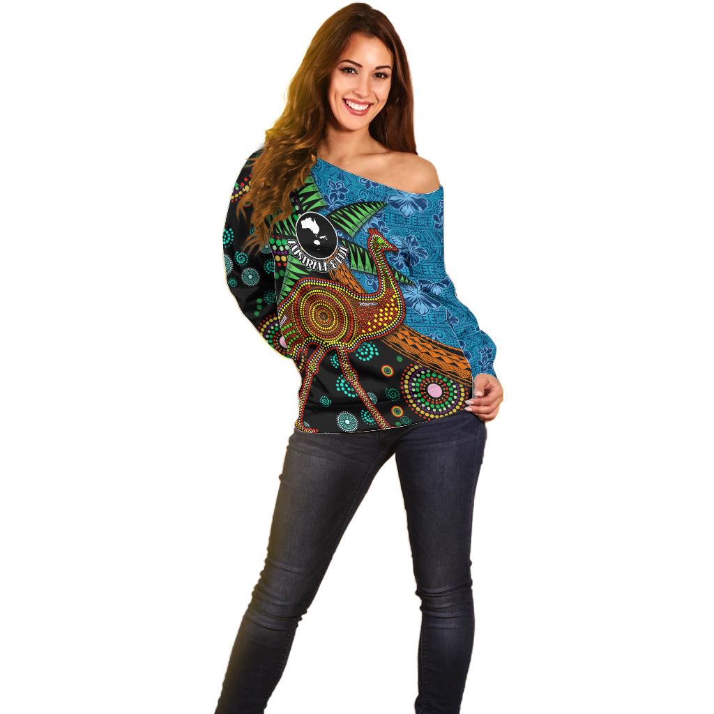 Fiji and Australia Off Shoulder Sweater Palm Tree and Abogirinal Emu LT03 - Polynesian Pride