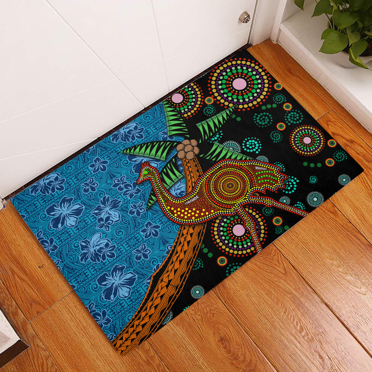 Fiji and Australia Rubber Doormat Palm Tree and Abogirinal Emu LT03 Blue - Polynesian Pride