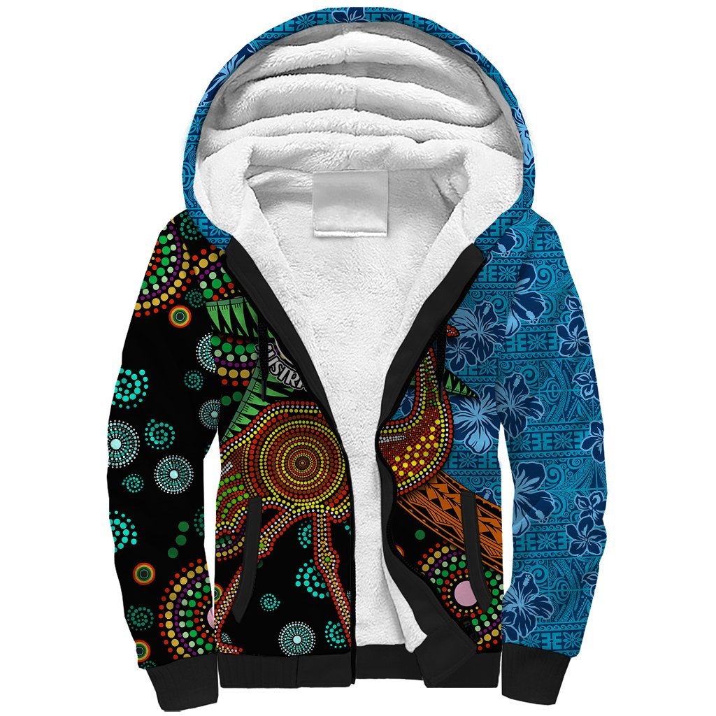Fiji and Australia Sherpa Hoodie Palm Tree and Abogirinal Emu LT03 Unisex Blue - Polynesian Pride