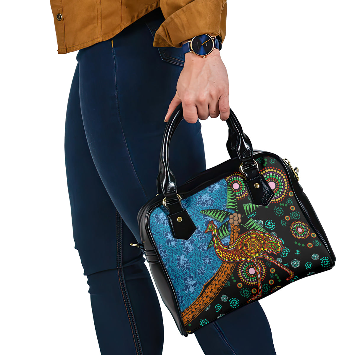 Fiji and Australia Shoulder Handbag Palm Tree and Abogirinal Emu LT03 - Polynesian Pride