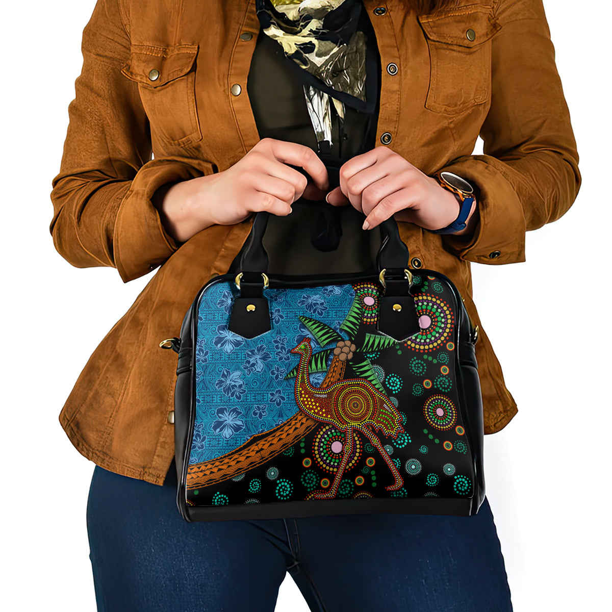 Fiji and Australia Shoulder Handbag Palm Tree and Abogirinal Emu LT03 - Polynesian Pride