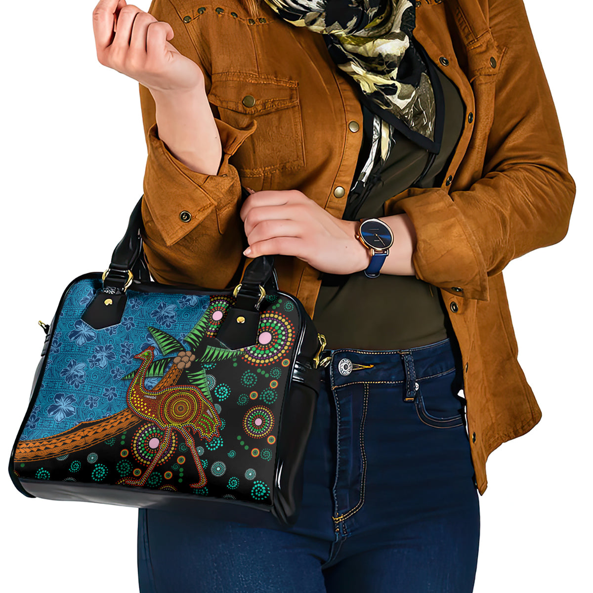 Fiji and Australia Shoulder Handbag Palm Tree and Abogirinal Emu LT03 - Polynesian Pride