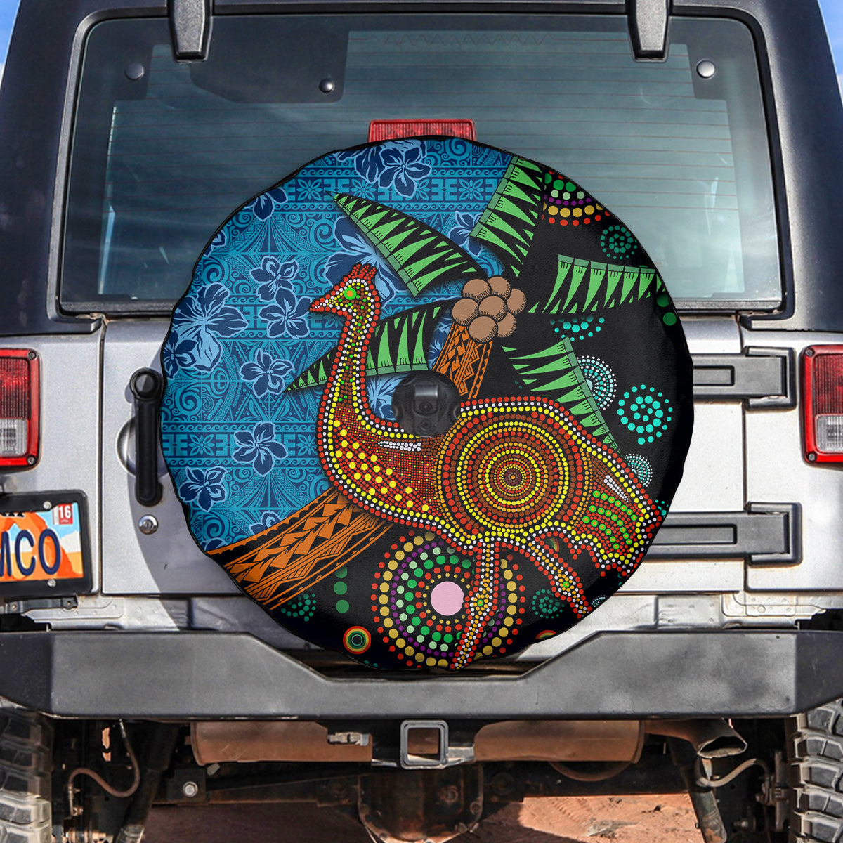 Fiji and Australia Spare Tire Cover Palm Tree and Abogirinal Emu LT03 Blue - Polynesian Pride