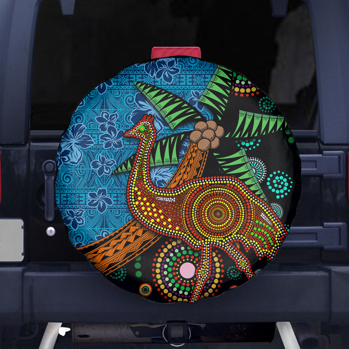 Fiji and Australia Spare Tire Cover Palm Tree and Abogirinal Emu LT03 - Polynesian Pride