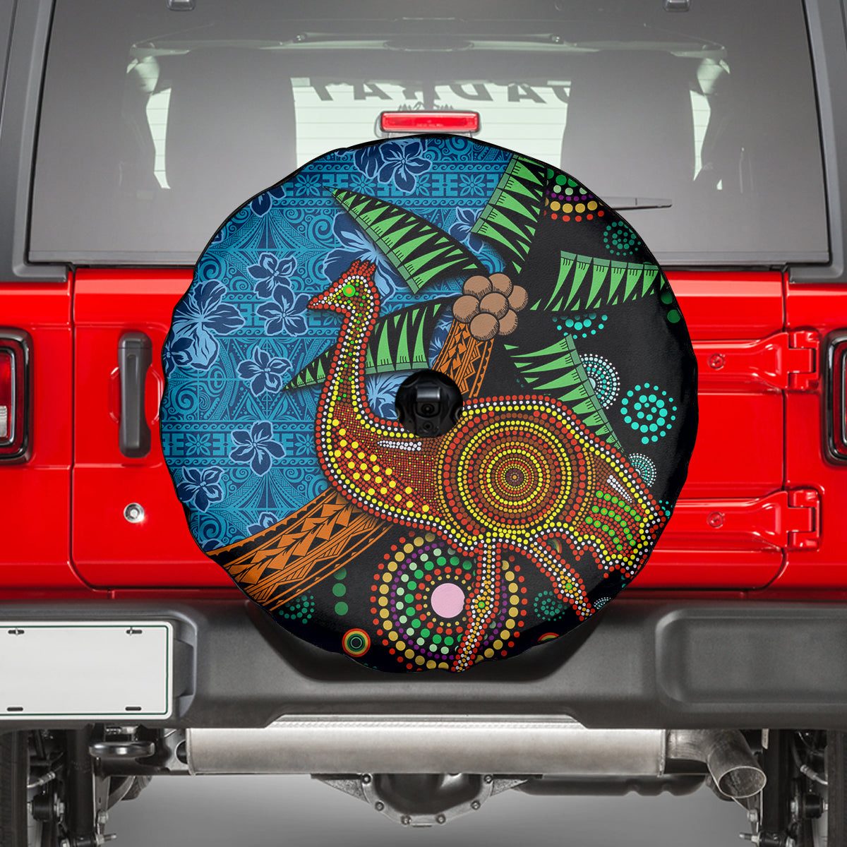 Fiji and Australia Spare Tire Cover Palm Tree and Abogirinal Emu LT03 - Polynesian Pride