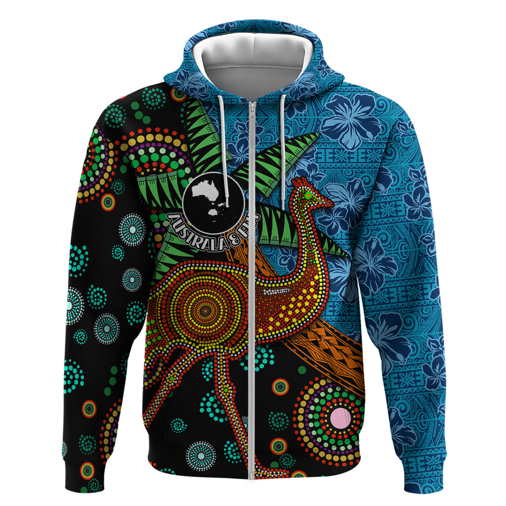 Fiji and Australia Zip Hoodie Palm Tree and Abogirinal Emu LT03 Zip Hoodie Blue - Polynesian Pride