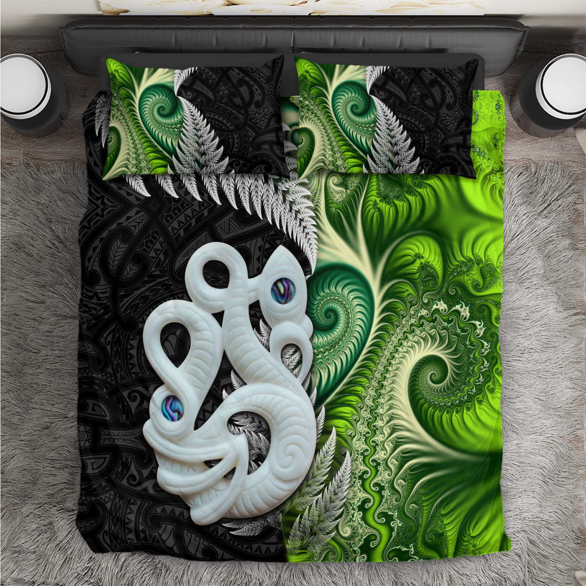 New Zealand Koru Natural Bedding Set Manaia and Silver Fern Maori Pattern LT03 Black - Polynesian Pride