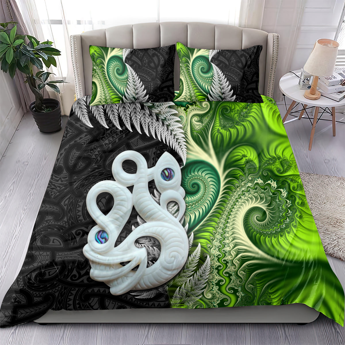 New Zealand Koru Natural Bedding Set Manaia and Silver Fern Maori Pattern LT03 - Polynesian Pride