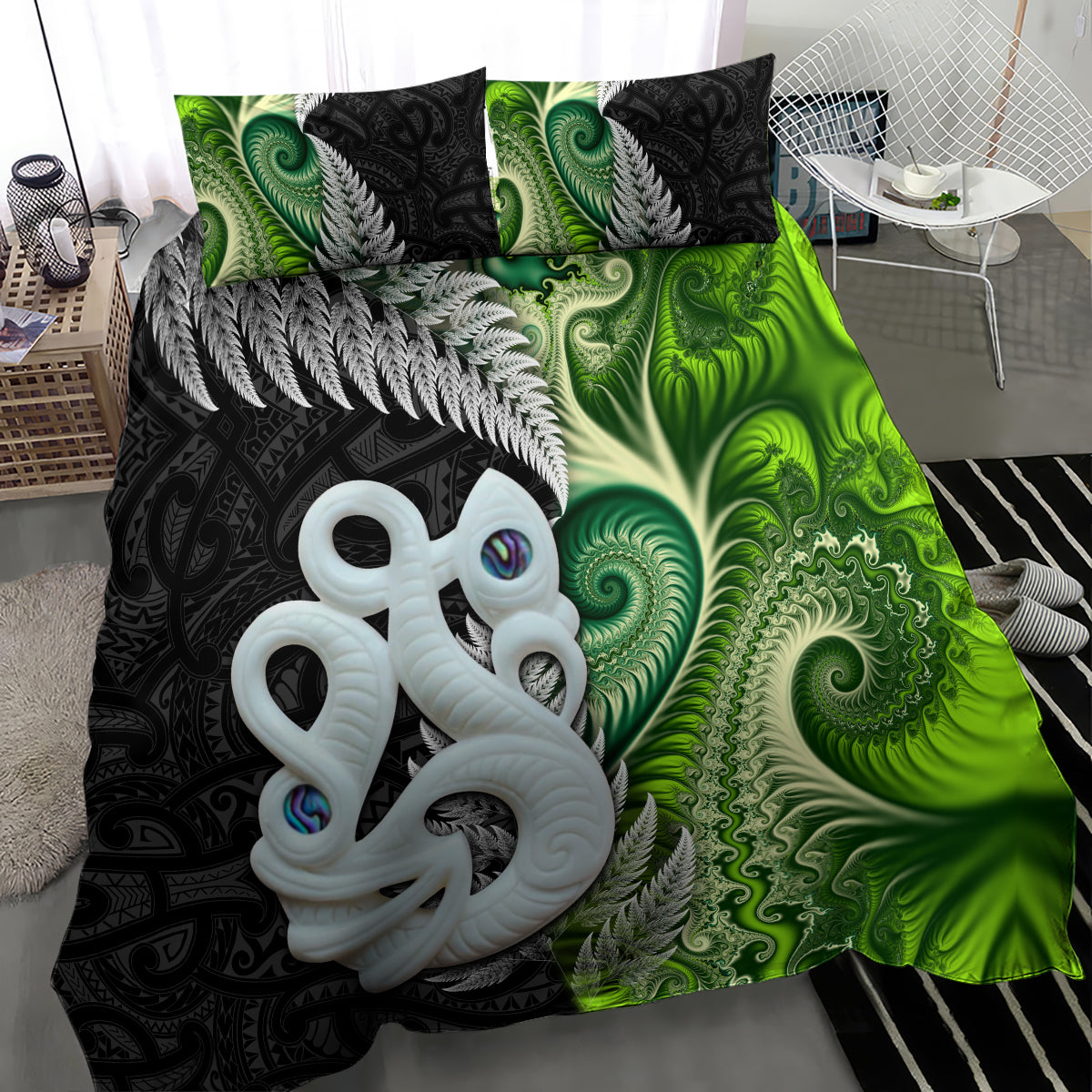 New Zealand Koru Natural Bedding Set Manaia and Silver Fern Maori Pattern LT03 - Polynesian Pride
