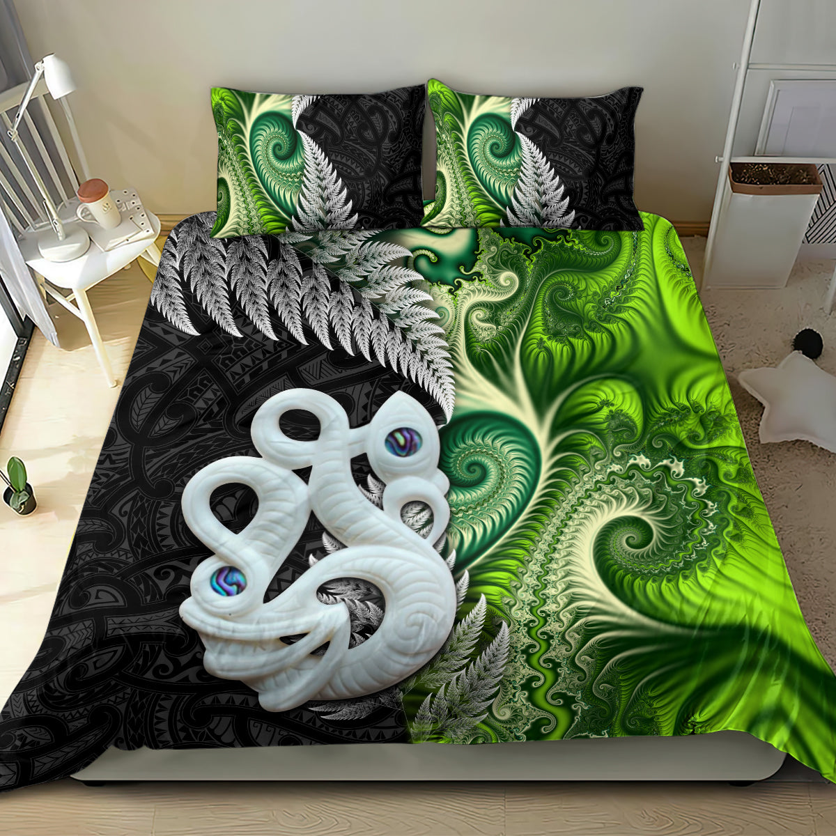 New Zealand Koru Natural Bedding Set Manaia and Silver Fern Maori Pattern LT03 - Polynesian Pride