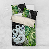 New Zealand Koru Natural Bedding Set Manaia and Silver Fern Maori Pattern LT03 US Twin 172cm x 218cm Black - Polynesian Pride