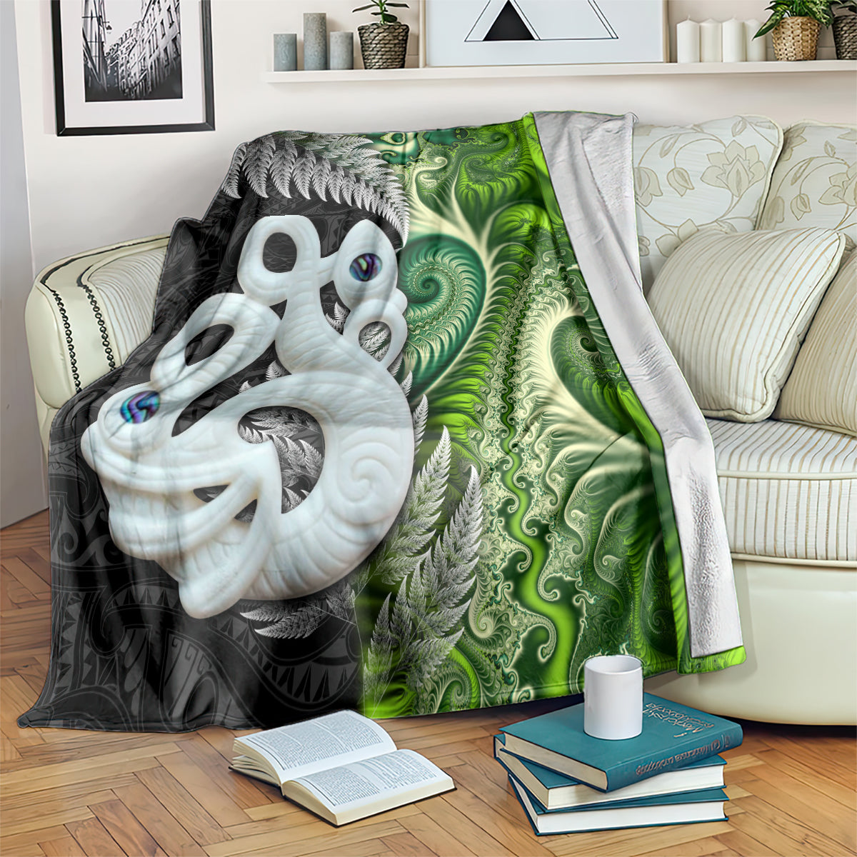 New Zealand Koru Natural Blanket Manaia and Silver Fern Maori Pattern LT03 Black - Polynesian Pride