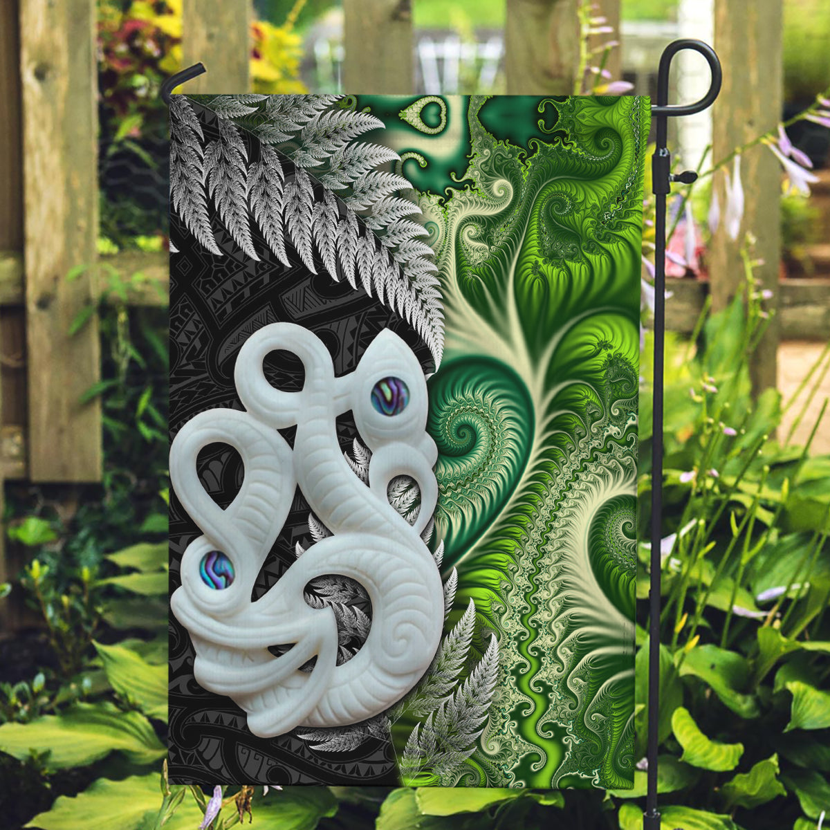 New Zealand Koru Natural Garden Flag - Manaia and Silver Fern Maori Pattern LT03 Garden Flag Black - Polynesian Pride