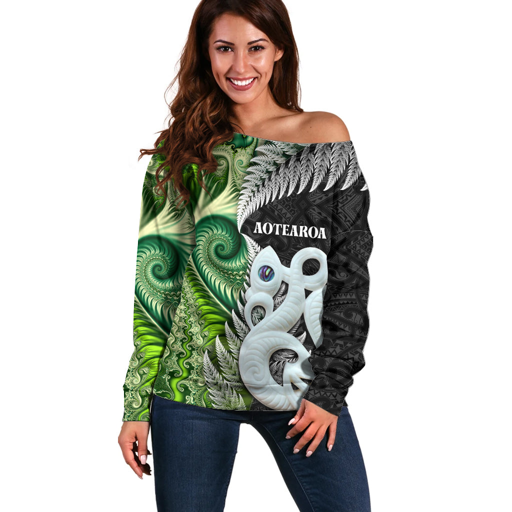 New Zealand Koru Natural Off Shoulder Sweater Manaia and Silver Fern Maori Pattern LT03 Women Black - Polynesian Pride