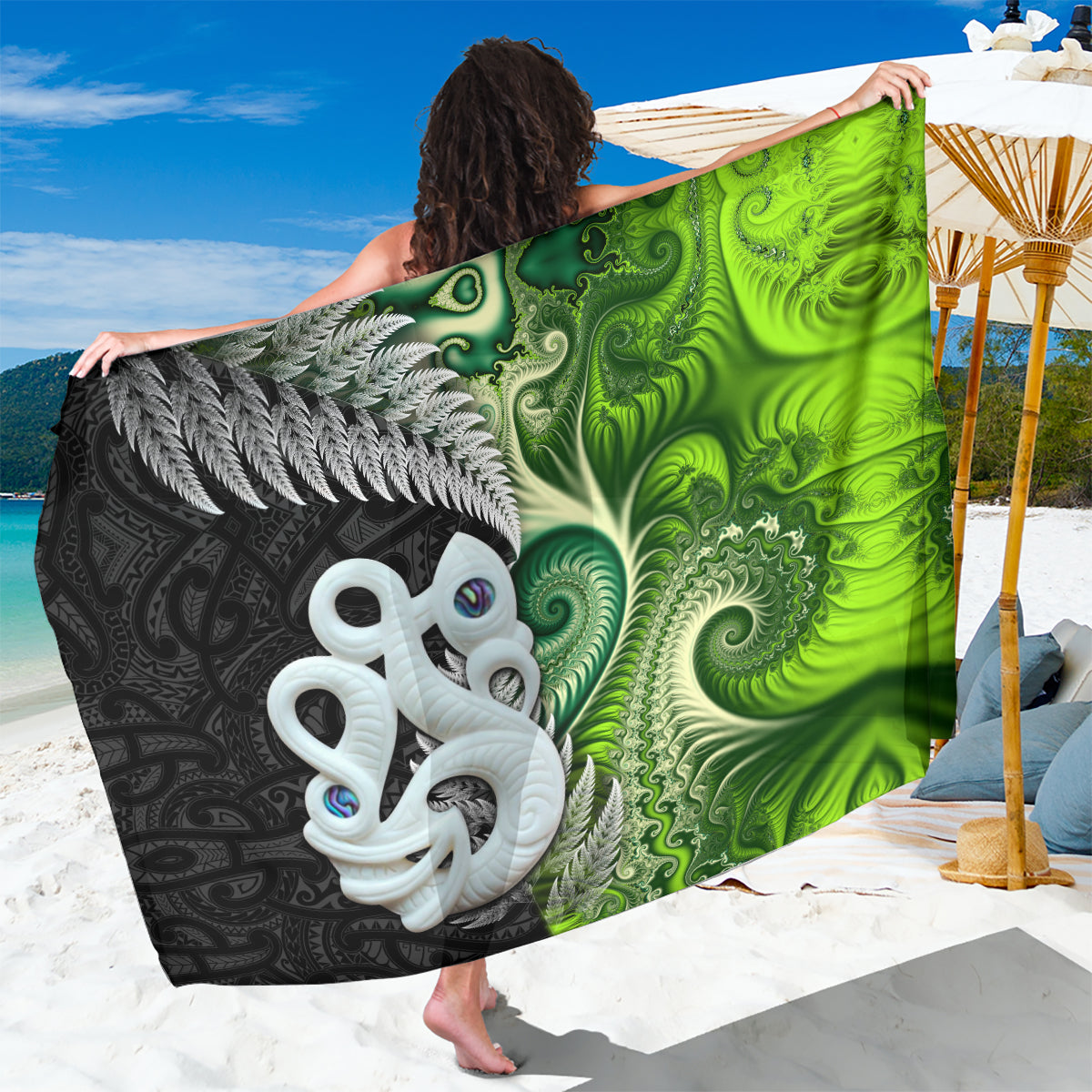 New Zealand Koru Natural Sarong Manaia and Silver Fern Maori Pattern LT03 One Size 44 x 66 inches Black - Polynesian Pride