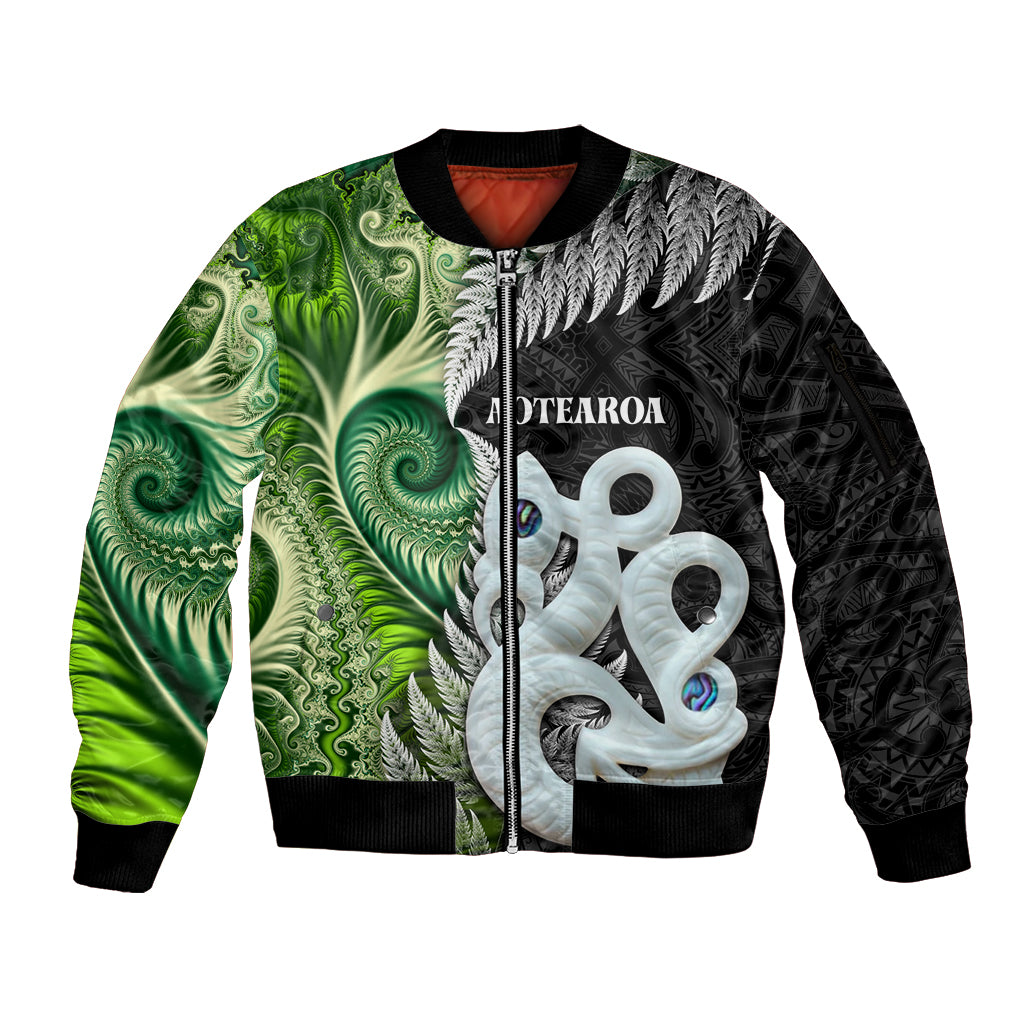 New Zealand Koru Natural Sleeve Zip Bomber Jacket Manaia and Silver Fern Maori Pattern LT03 Unisex Black - Polynesian Pride
