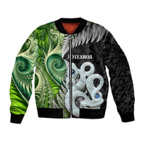 New Zealand Koru Natural Sleeve Zip Bomber Jacket Manaia and Silver Fern Maori Pattern LT03 Unisex Black - Polynesian Pride