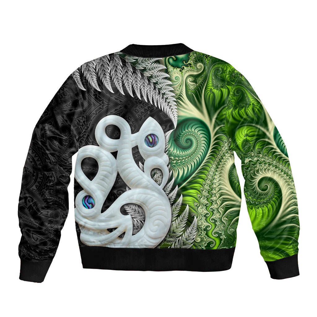 New Zealand Koru Natural Sleeve Zip Bomber Jacket Manaia and Silver Fern Maori Pattern LT03 - Polynesian Pride