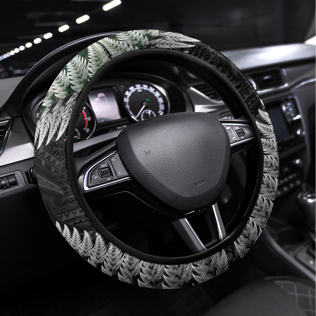 New Zealand Koru Natural Steering Wheel Cover Manaia and Silver Fern Maori Pattern LT03 Universal Fit Black - Polynesian Pride