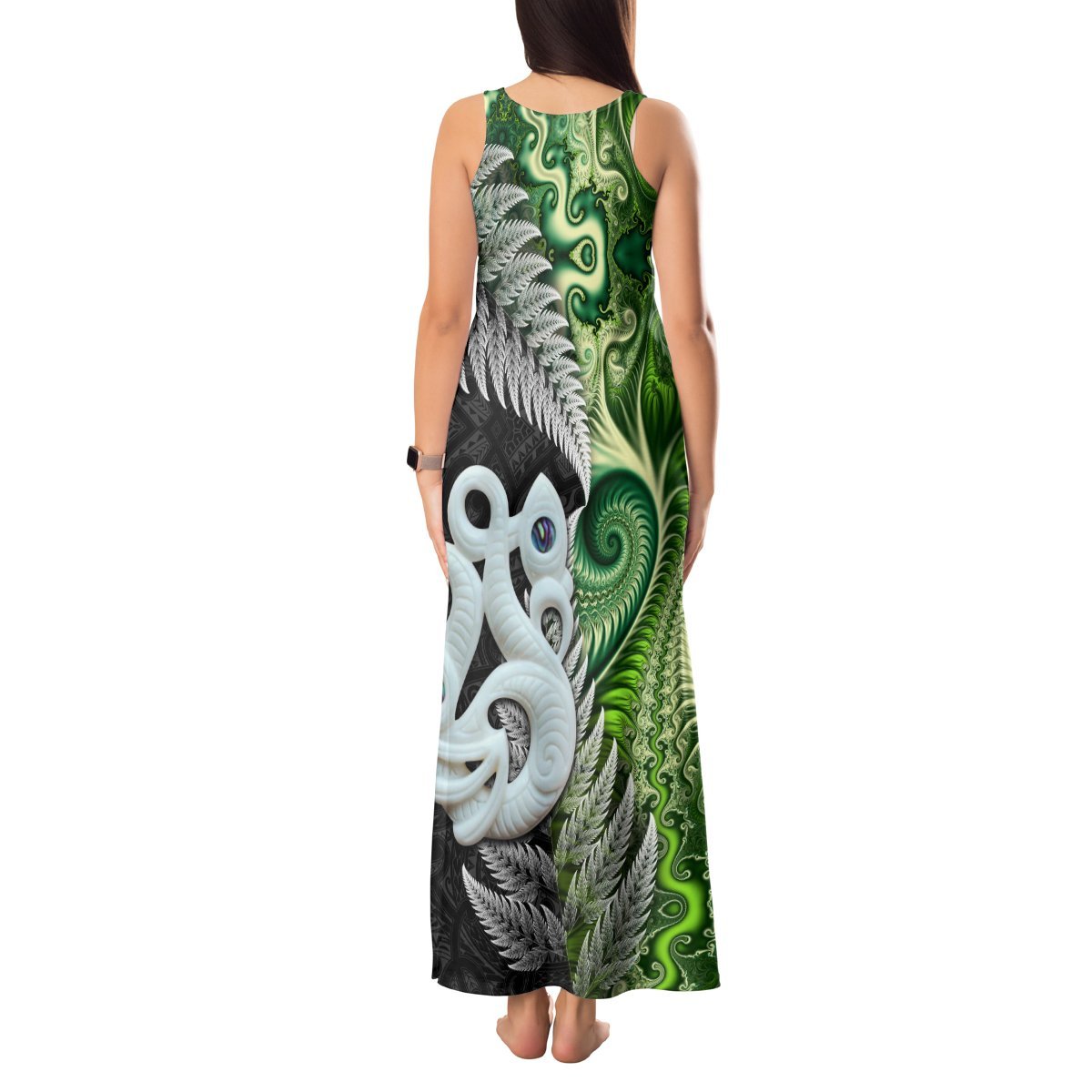 New Zealand Koru Natural Tank Maxi Dress Manaia and Silver Fern Maori Pattern LT03 - Polynesian Pride