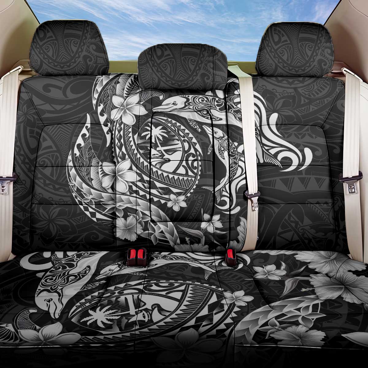 Guam Dolphins Tribal Tattoo Back Car Seat Cover Polynesian Art and Tropical Flower Grayscale LT03 One Size Black - Polynesian Pride