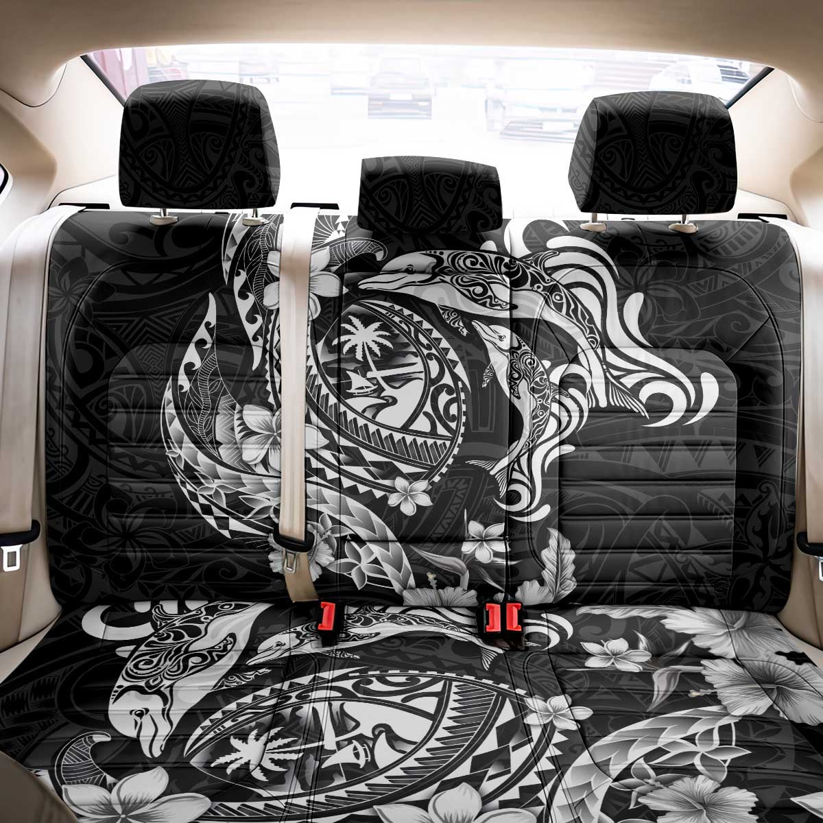 Guam Dolphins Tribal Tattoo Back Car Seat Cover Polynesian Art and Tropical Flower Grayscale LT03 - Polynesian Pride