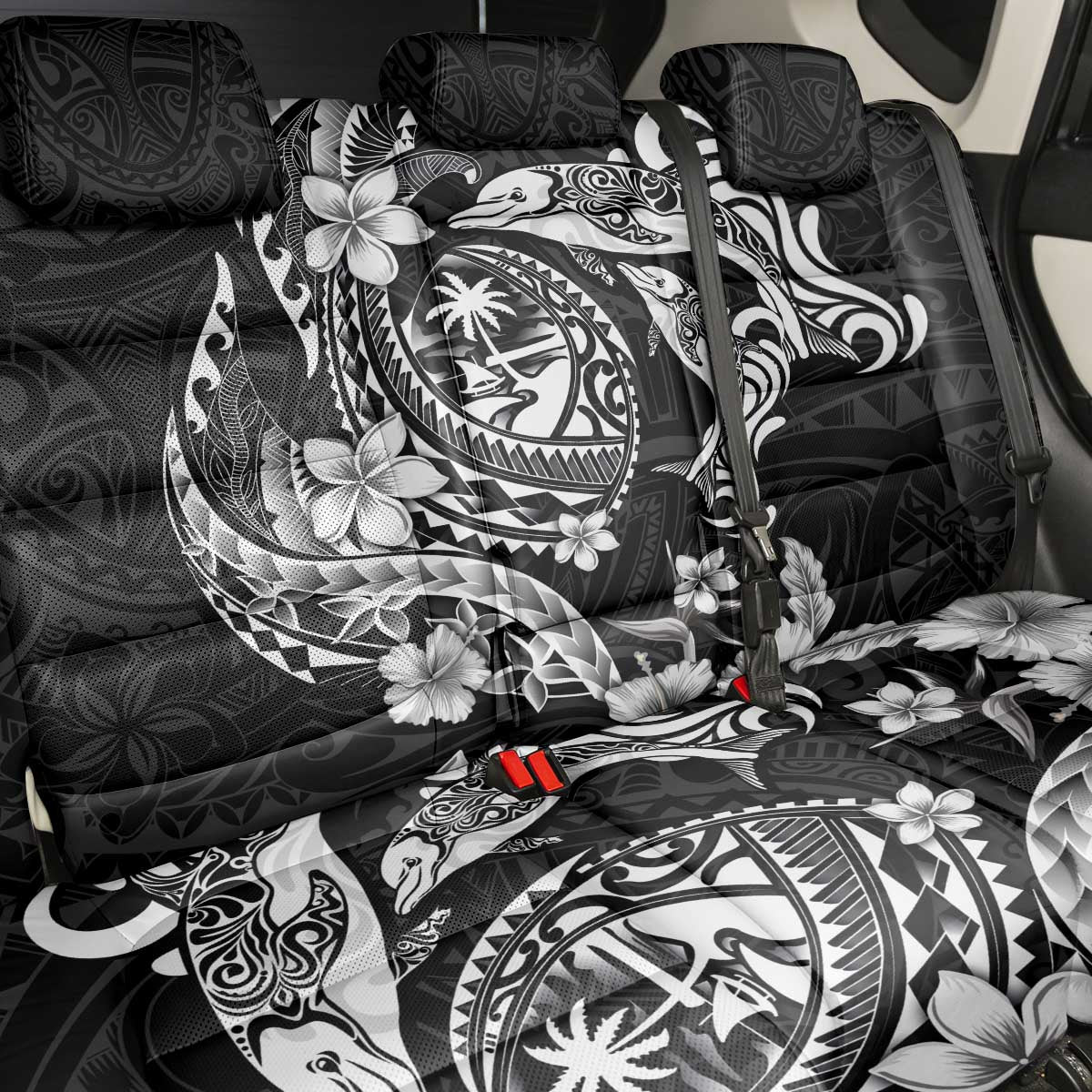 Guam Dolphins Tribal Tattoo Back Car Seat Cover Polynesian Art and Tropical Flower Grayscale LT03 - Polynesian Pride