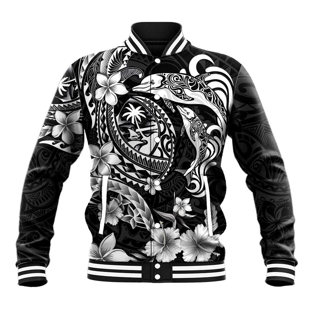 Guam Dolphins Tribal Tattoo Baseball Jacket Polynesian Art and Tropical Flower Grayscale LT03 Unisex Black - Polynesian Pride