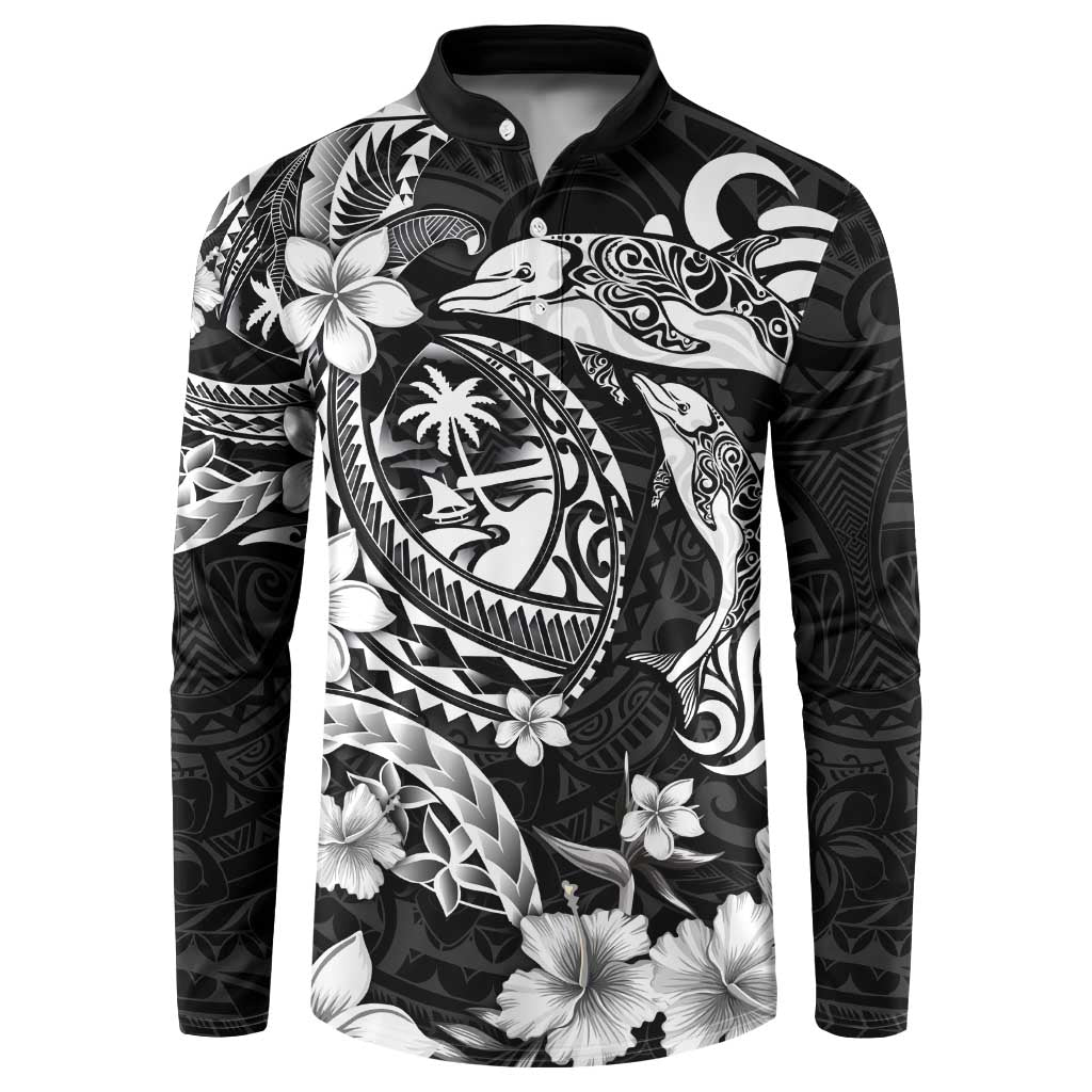 Guam Dolphins Tribal Tattoo Button Sweatshirt Polynesian Art and Tropical Flower Grayscale LT03 Black - Polynesian Pride