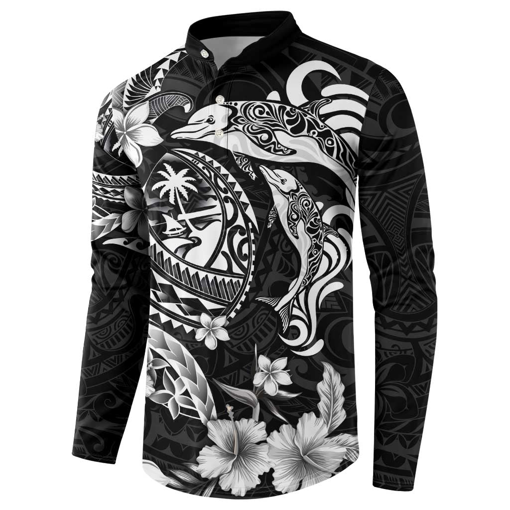 Guam Dolphins Tribal Tattoo Button Sweatshirt Polynesian Art and Tropical Flower Grayscale LT03 - Polynesian Pride