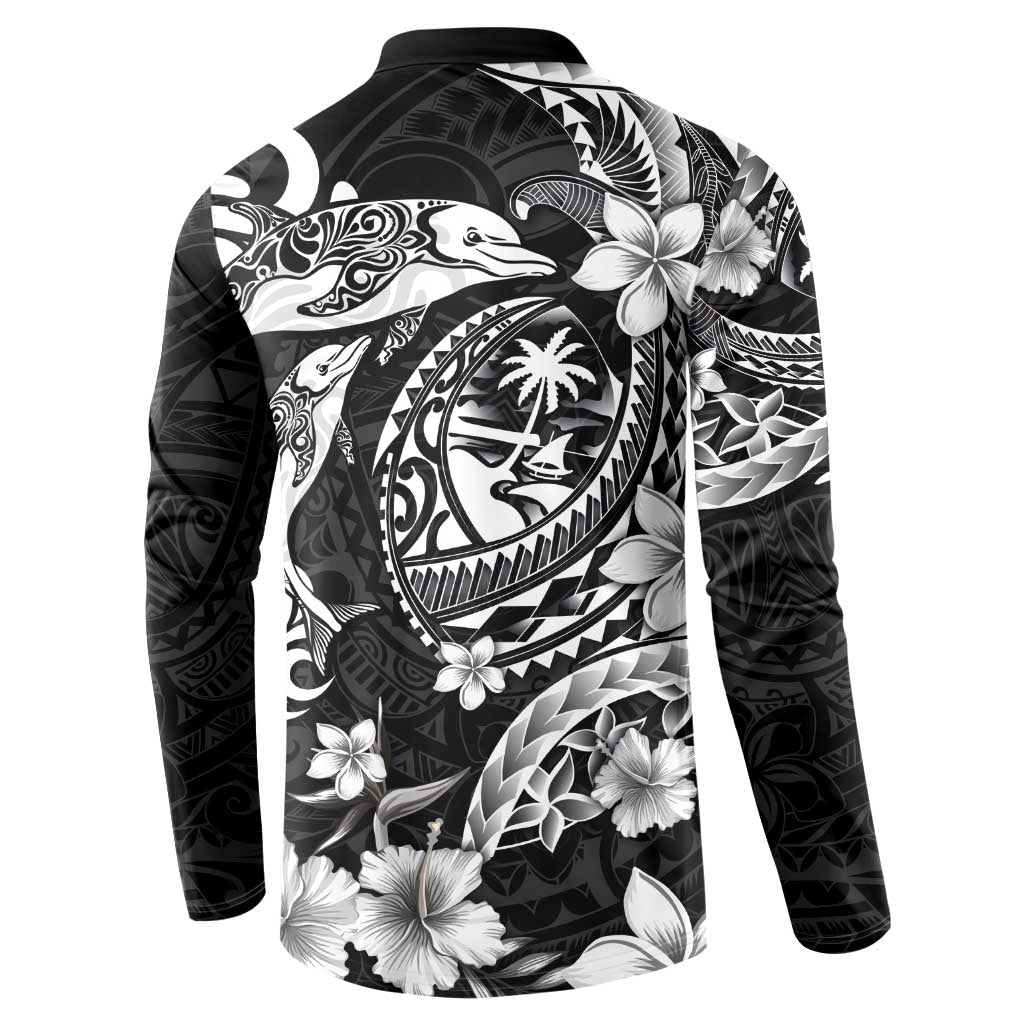 Guam Dolphins Tribal Tattoo Button Sweatshirt Polynesian Art and Tropical Flower Grayscale LT03 - Polynesian Pride