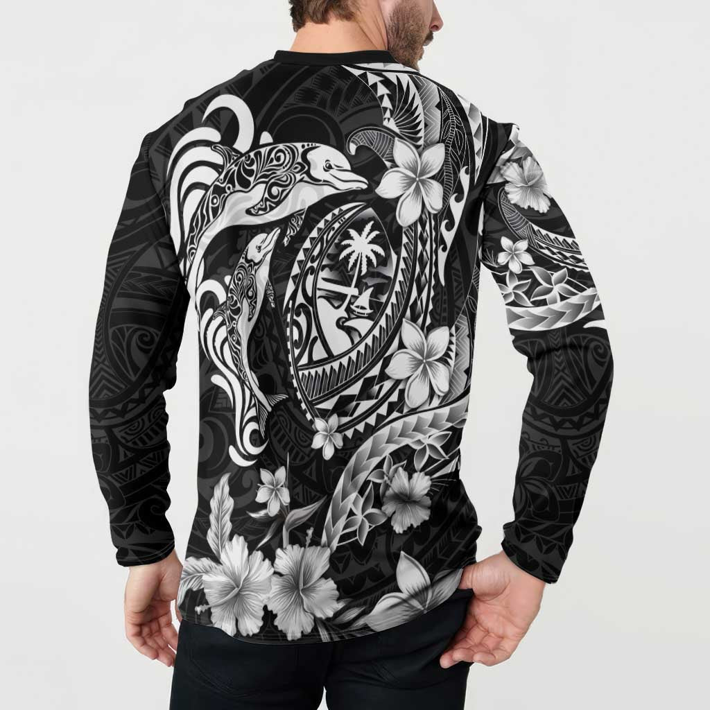Guam Dolphins Tribal Tattoo Button Sweatshirt Polynesian Art and Tropical Flower Grayscale LT03 - Polynesian Pride