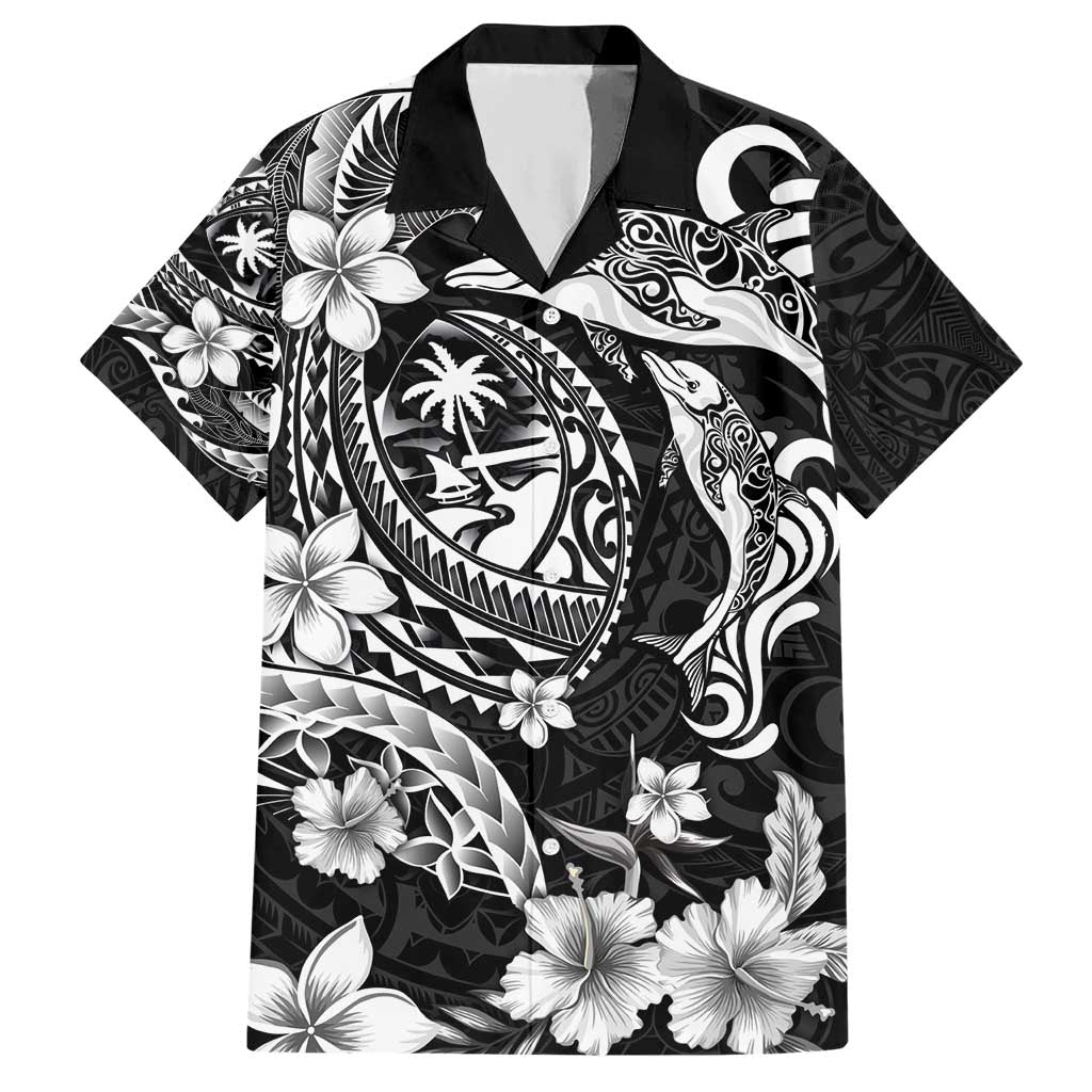 Guam Dolphins Tribal Tattoo Hawaiian Shirt Polynesian Art and Tropical Flower Grayscale LT03 Black - Polynesian Pride