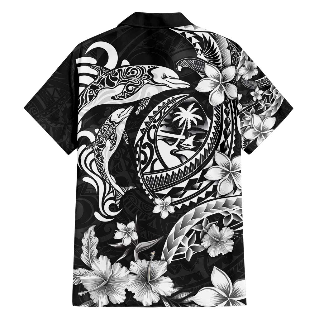 Guam Dolphins Tribal Tattoo Hawaiian Shirt Polynesian Art and Tropical Flower Grayscale LT03 - Polynesian Pride