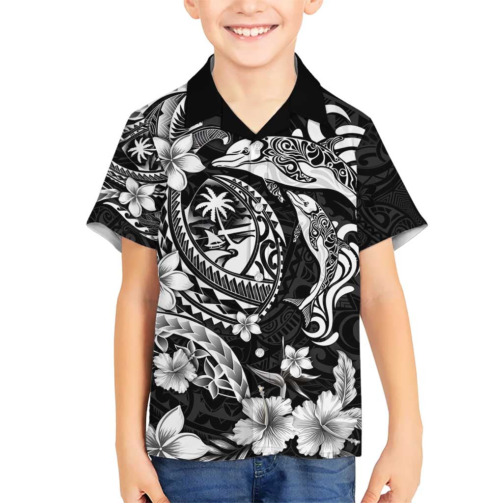 Guam Dolphins Tribal Tattoo Hawaiian Shirt Polynesian Art and Tropical Flower Grayscale LT03 - Polynesian Pride