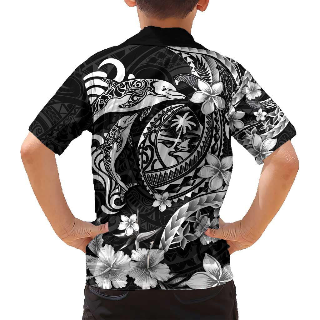 Guam Dolphins Tribal Tattoo Hawaiian Shirt Polynesian Art and Tropical Flower Grayscale LT03 - Polynesian Pride