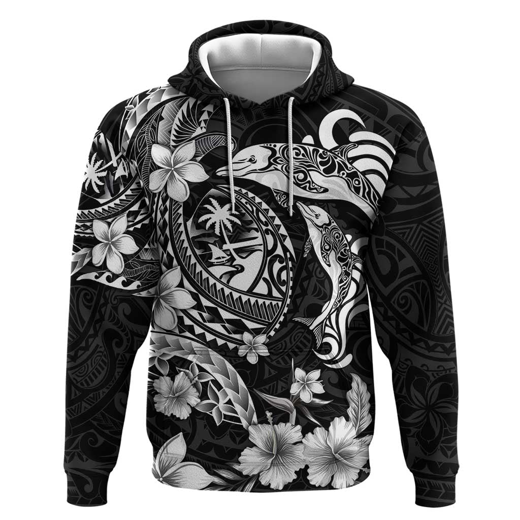 Guam Dolphins Tribal Tattoo Hoodie Polynesian Art and Tropical Flower Grayscale LT03 Pullover Hoodie Black - Polynesian Pride
