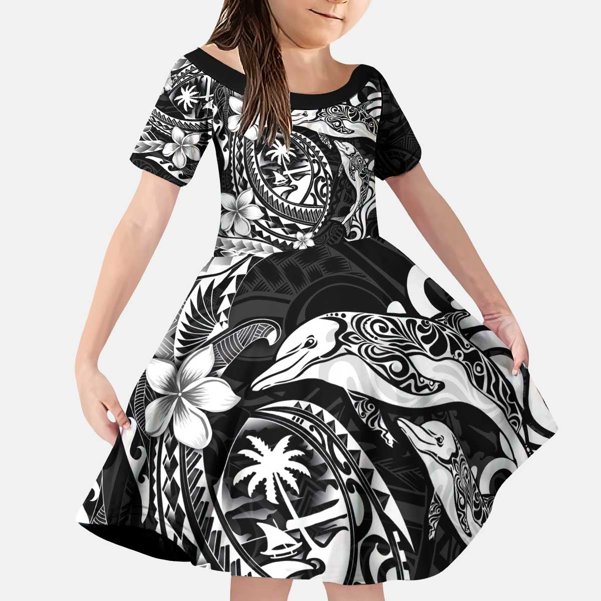 Guam Dolphins Tribal Tattoo Kid Short Sleeve Dress Polynesian Art and Tropical Flower Grayscale LT03 KID Black - Polynesian Pride