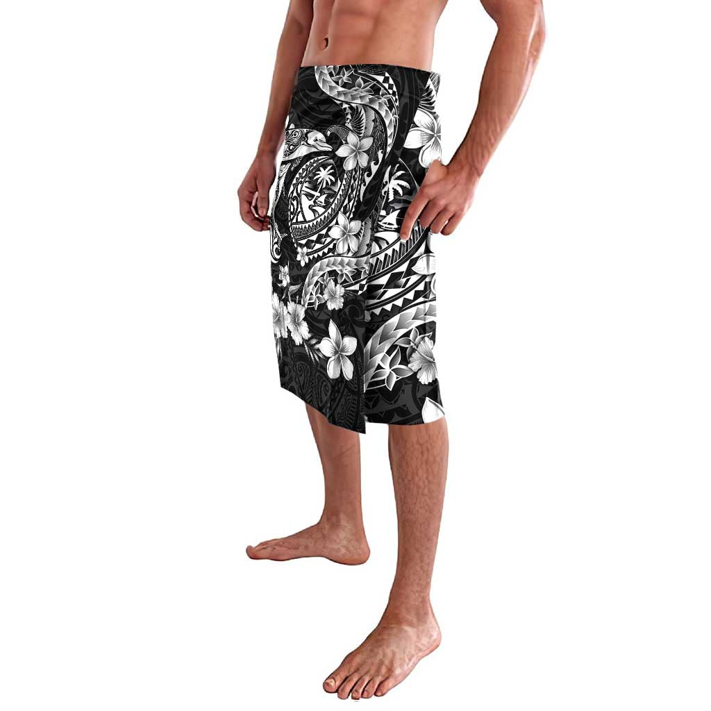 Guam Dolphins Tribal Tattoo Lavalava Polynesian Art and Tropical Flower Grayscale LT03 - Polynesian Pride