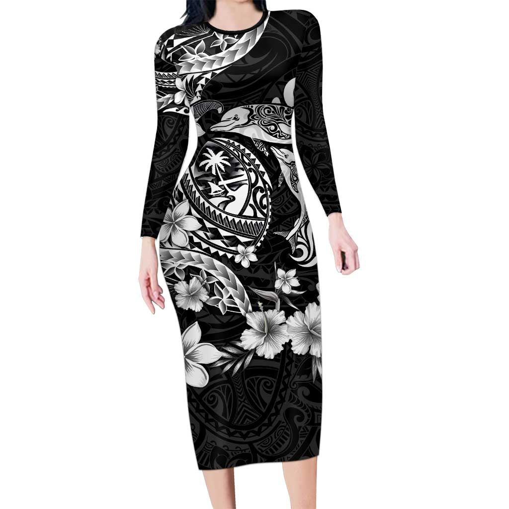 Guam Dolphins Tribal Tattoo Long Sleeve Bodycon Dress Polynesian Art and Tropical Flower Grayscale LT03 Long Dress Black - Polynesian Pride