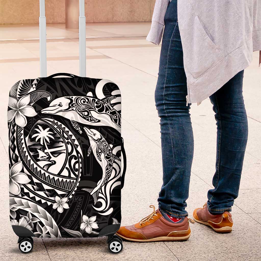 Guam Dolphins Tribal Tattoo Luggage Cover Polynesian Art and Tropical Flower Grayscale LT03 Black - Polynesian Pride
