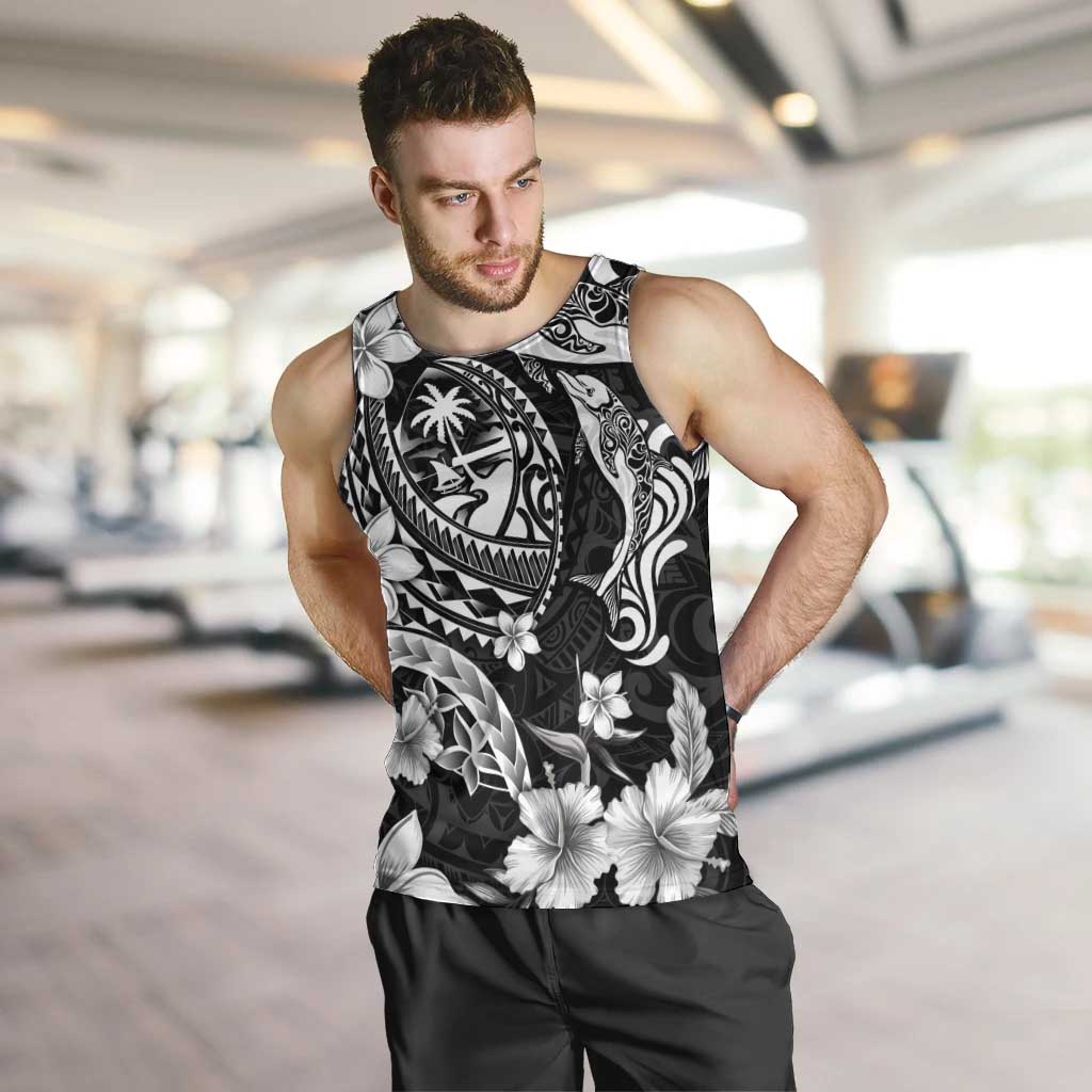 Guam Dolphins Tribal Tattoo Men Tank Top Polynesian Art and Tropical Flower Grayscale LT03 Black - Polynesian Pride