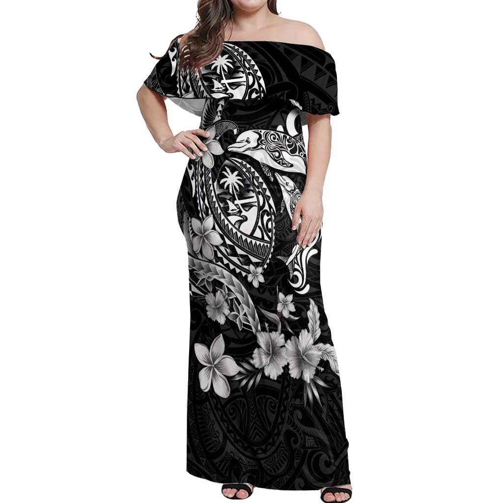 Guam Dolphins Tribal Tattoo Off Shoulder Maxi Dress Polynesian Art and Tropical Flower Grayscale LT03 Women Black - Polynesian Pride