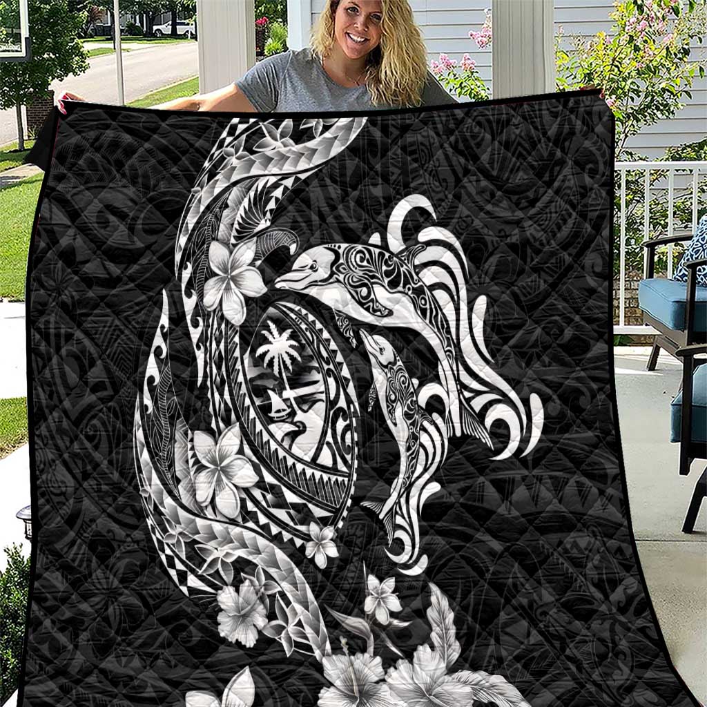 Guam Dolphins Tribal Tattoo Quilt Polynesian Art and Tropical Flower Grayscale LT03 Black - Polynesian Pride